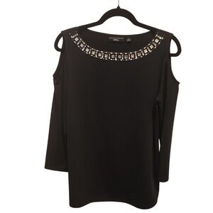 🔥5 for $20🔥Susan Graver Flirty Style Black Beaded Neckline Top S Cold Shoulder